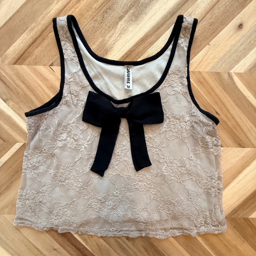 VTG‎ Y2K Romantic Sheer Gray Lace Crop Tank Top Bow Floral Coquette M Balletcore